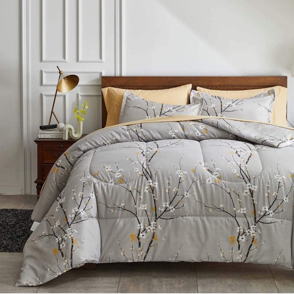 Gray Comforter Sheet Set Bed in a Bag 7 Pieces Cal King Tree Branch Bloom Flower
